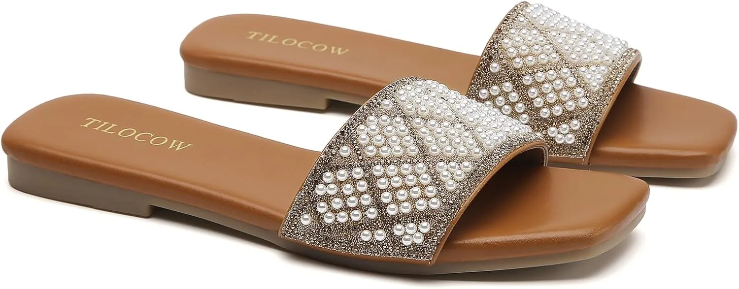 Tilocow Women Rhinestone Sandals Pearl Decor Slip on Bling Sandals Daily Casual Beach Summer Flat Shoes
