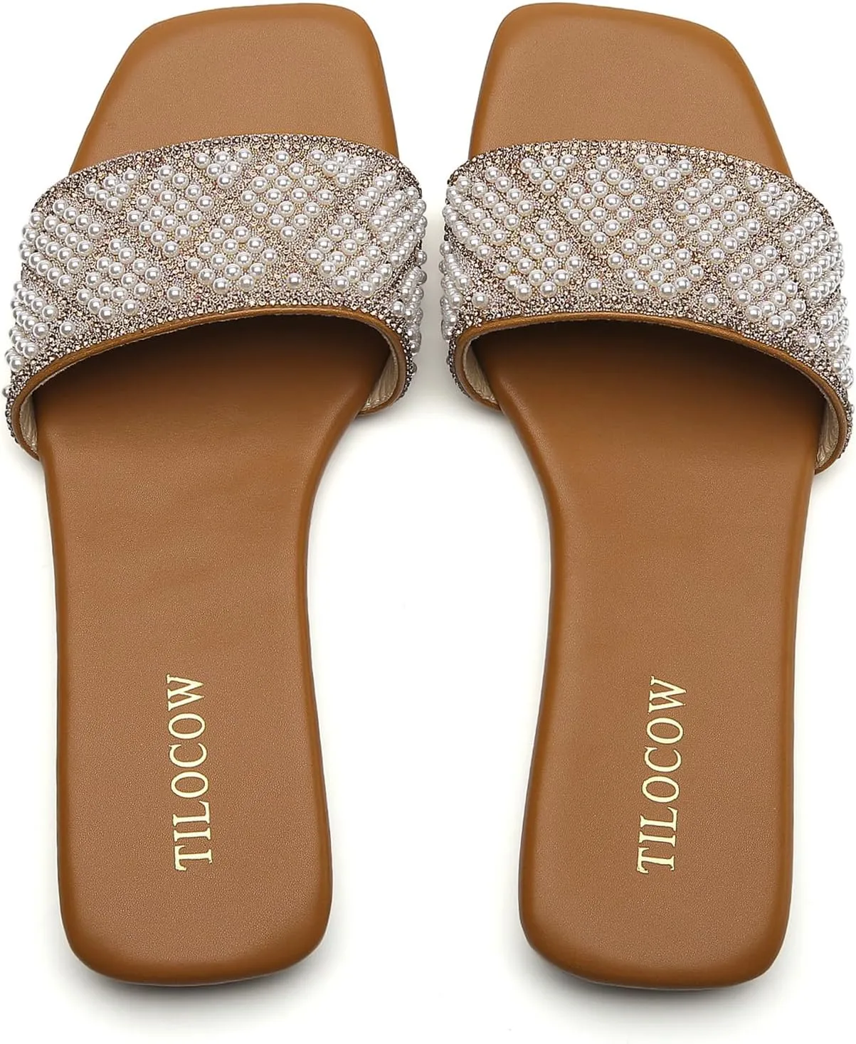 Tilocow Women Rhinestone Sandals Pearl Decor Slip on Bling Sandals Daily Casual Beach Summer Flat Shoes