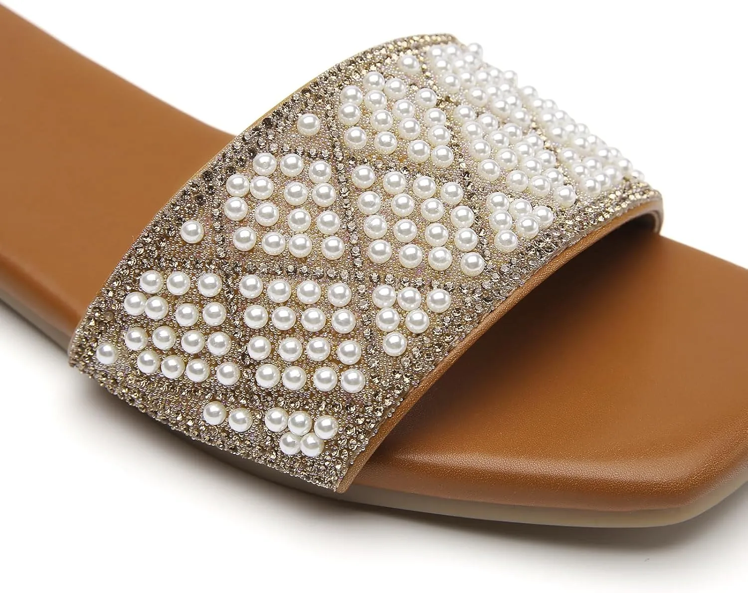 Tilocow Women Rhinestone Sandals Pearl Decor Slip on Bling Sandals Daily Casual Beach Summer Flat Shoes