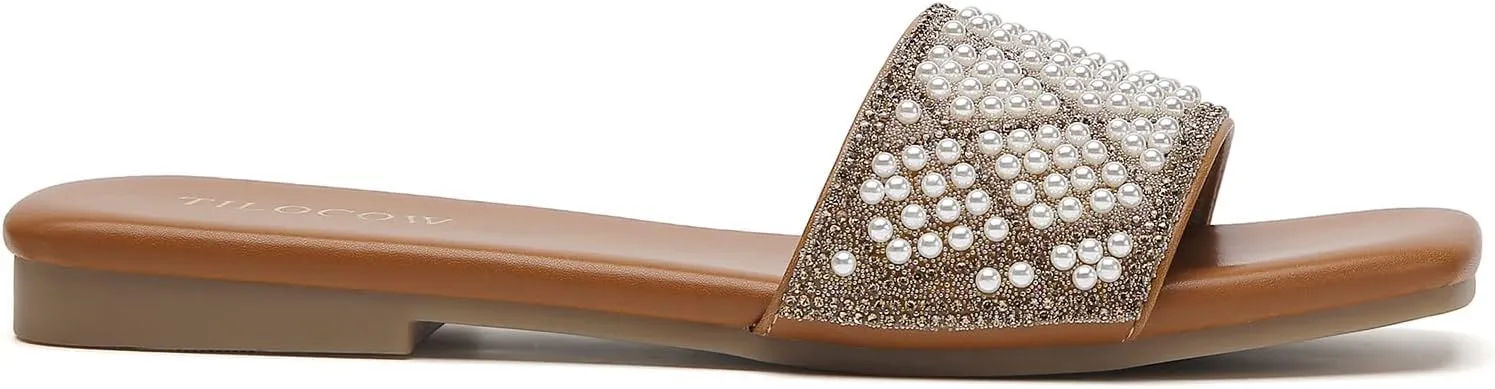 Tilocow Women Rhinestone Sandals Pearl Decor Slip on Bling Sandals Daily Casual Beach Summer Flat Shoes