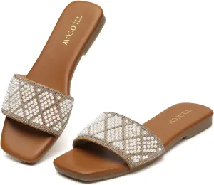 Tilocow Women Rhinestone Sandals Pearl Decor Slip on Bling Sandals Daily Casual Beach Summer Flat Shoes