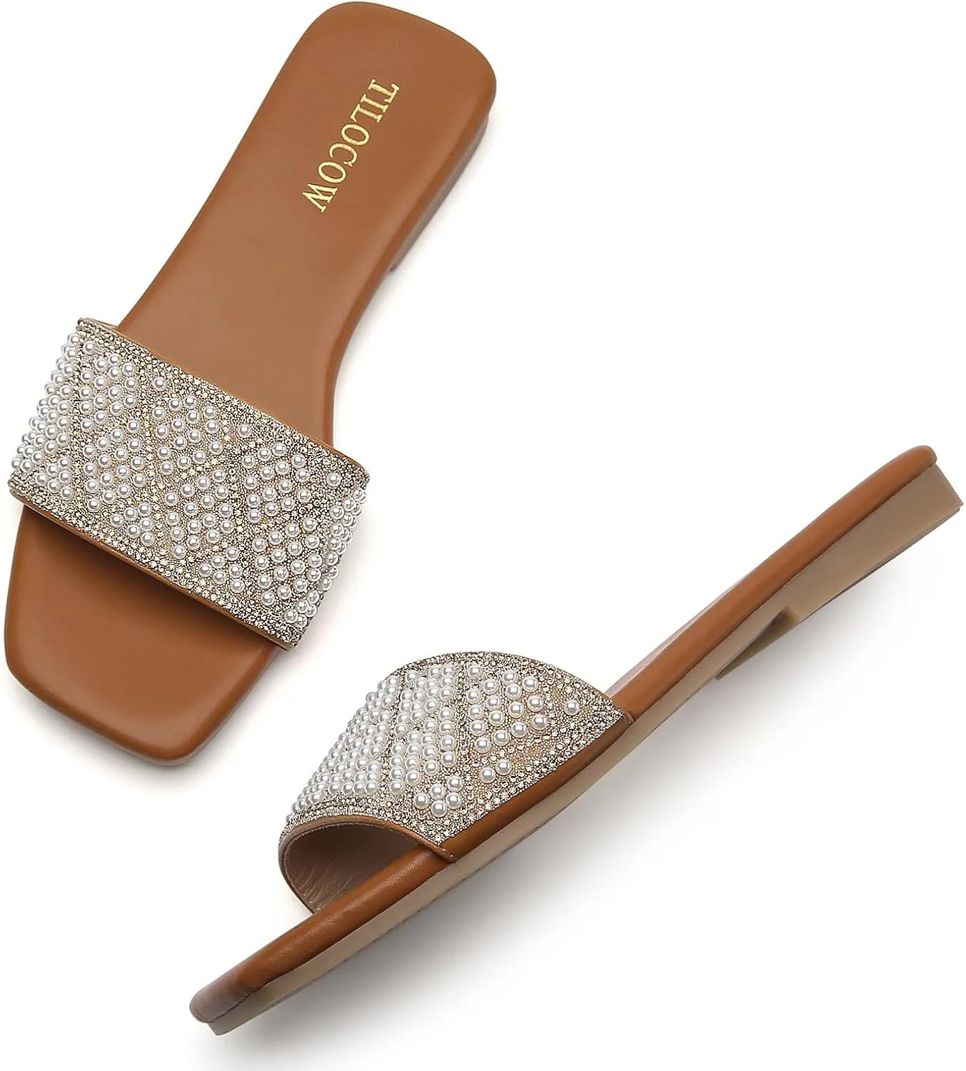 Tilocow Women Rhinestone Sandals Pearl Decor Slip on Bling Sandals Daily Casual Beach Summer Flat Shoes
