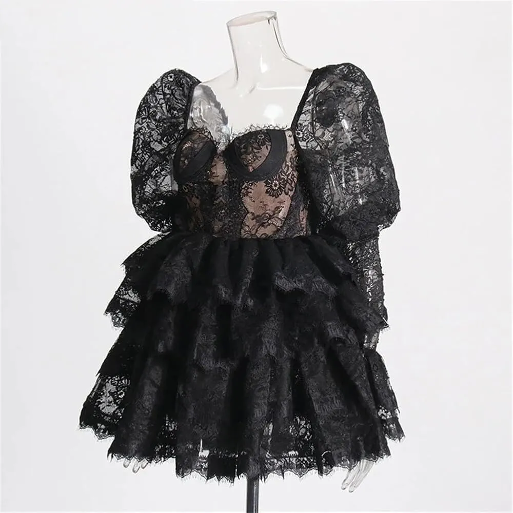 Vintage Lace Puff Sleeve A Line Short Mini Dress Women Cocktail Party Layered Ruffle Gown