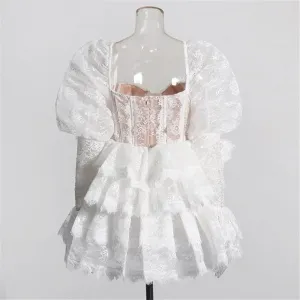 Vintage Lace Puff Sleeve A Line Short Mini Dress Women Cocktail Party Layered Ruffle Gown