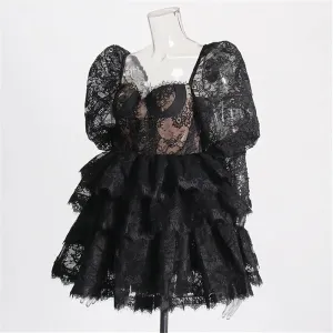 Vintage Lace Puff Sleeve A Line Short Mini Dress Women Cocktail Party Layered Ruffle Gown