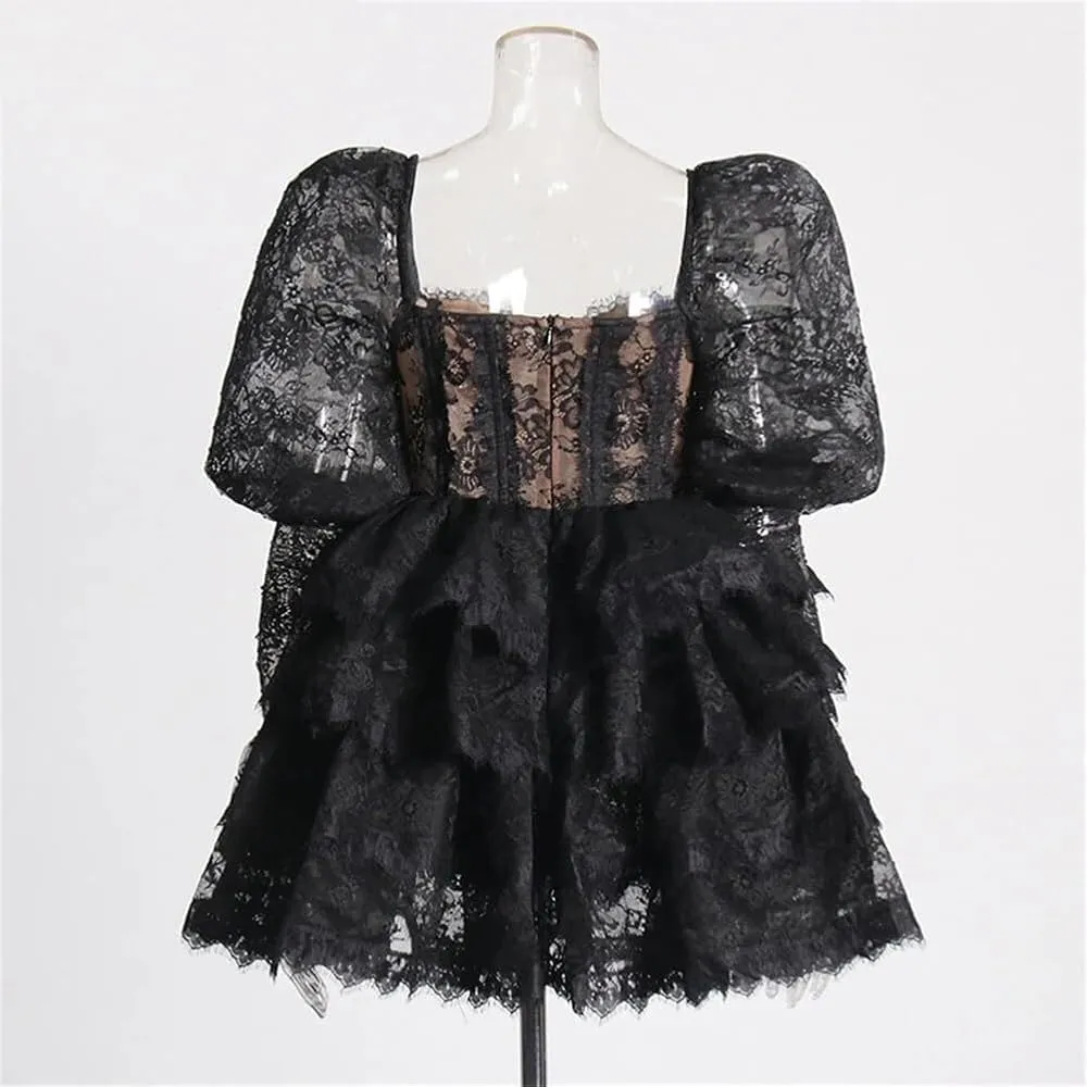 Vintage Lace Puff Sleeve A Line Short Mini Dress Women Cocktail Party Layered Ruffle Gown