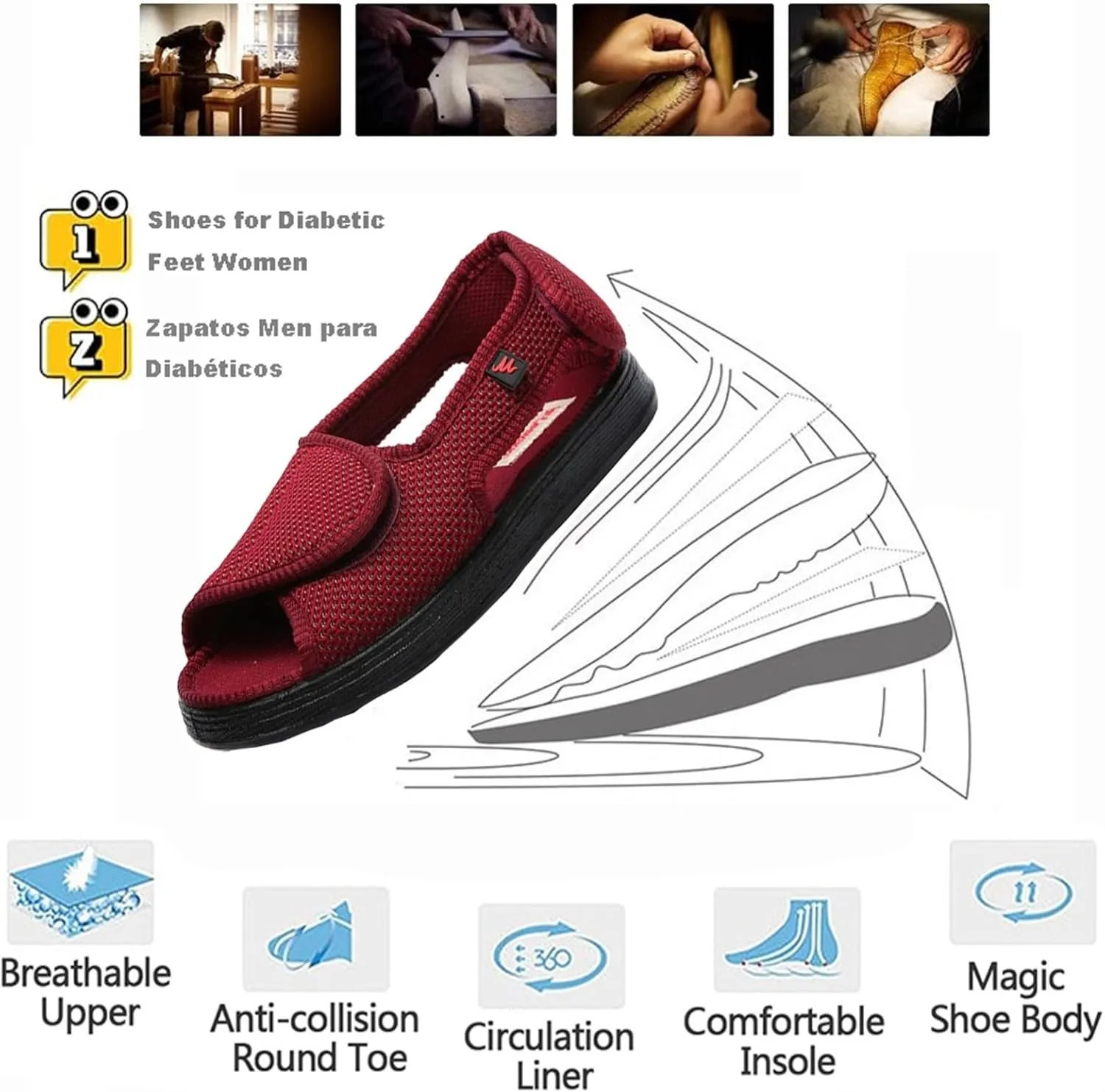 Women Diabetic Shoes Edema Slippers, Comfortable Adjustable Wide Width Open Toe Sandals, Elderly House Shoes for Swollen Feet Wine Red,11