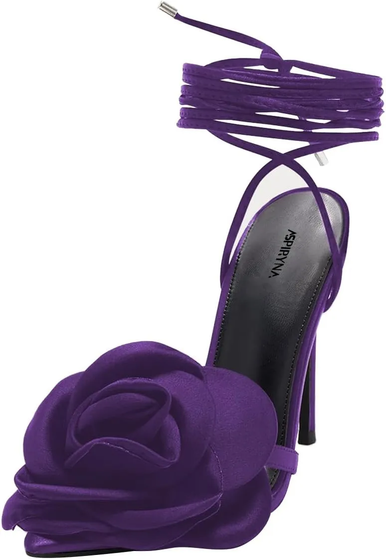 Women Open Toe Flower Decor Sandals Tie up Ankle Strap Stiletto High Heels Sexy Party Club Dressy Shoes Size 4-16 US