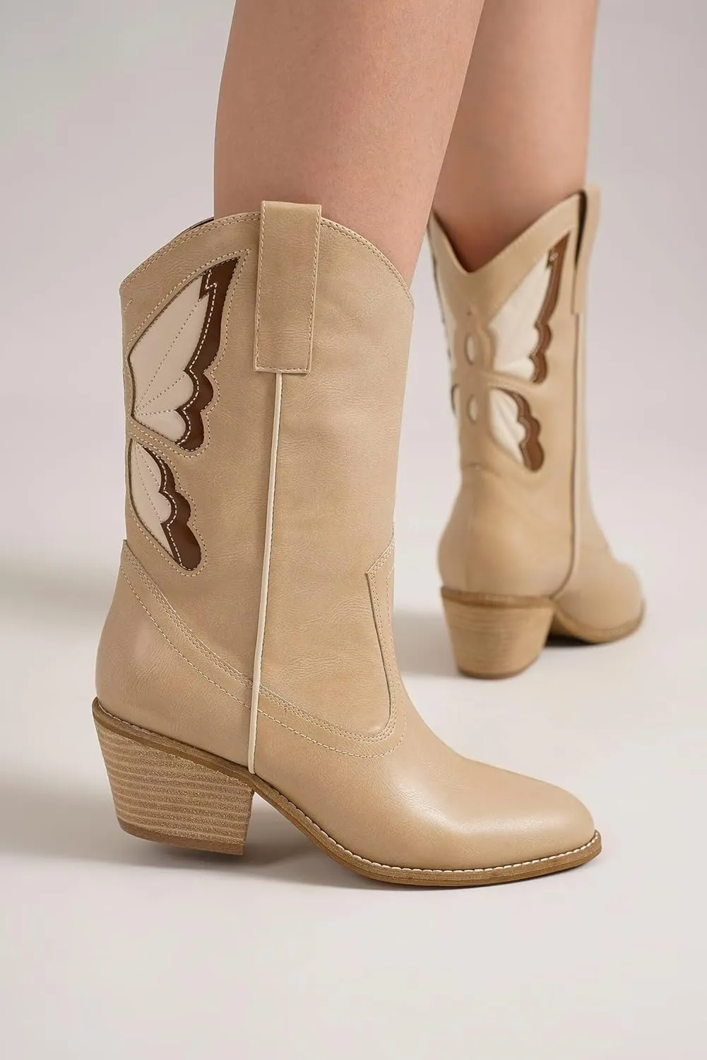 Women's Butterfly Western Booties Cowboy Boots Stacked Block Heel Boots Cowgirl Boots Pointed Toe Boots