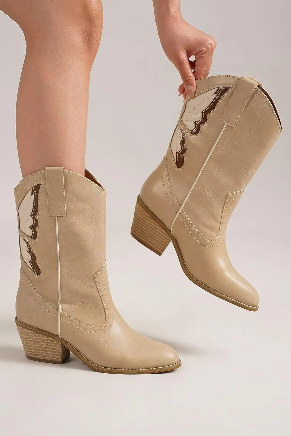 Women's Butterfly Western Booties Cowboy Boots Stacked Block Heel Boots Cowgirl Boots Pointed Toe Boots