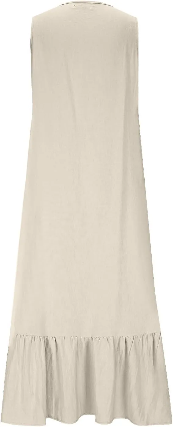 Women's Elegant Ruffle Neck Sleeveless Dress Casual Flowy Hem Long Maxi Skirts Cotton Linen Comfy Dresses Daily Home