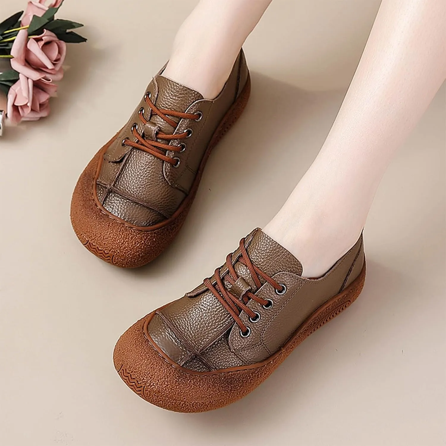 Women's Genuine Leather Soft Sole Sneakers Vintage Round Wide Toe Comfortable Non-Slip Walking Driving Lace-up Loafers Lightweight Fashion Wide Head Sports Shoes