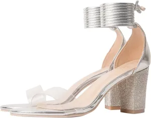 Women's Heeled Sandals with Rhinestone Clear Chunky Dress Heels Strappy Open Toe Party Wedding Shoes