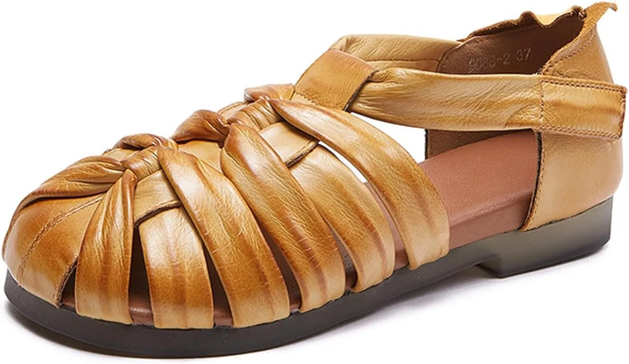 Women's Leather Braided Flat Fisherman Sandals with Hook and Loop Vintage Soft Bottom Non-slip Comfortable Baotou Cage Hollow Loafers Casual Gladiator Walking sandals