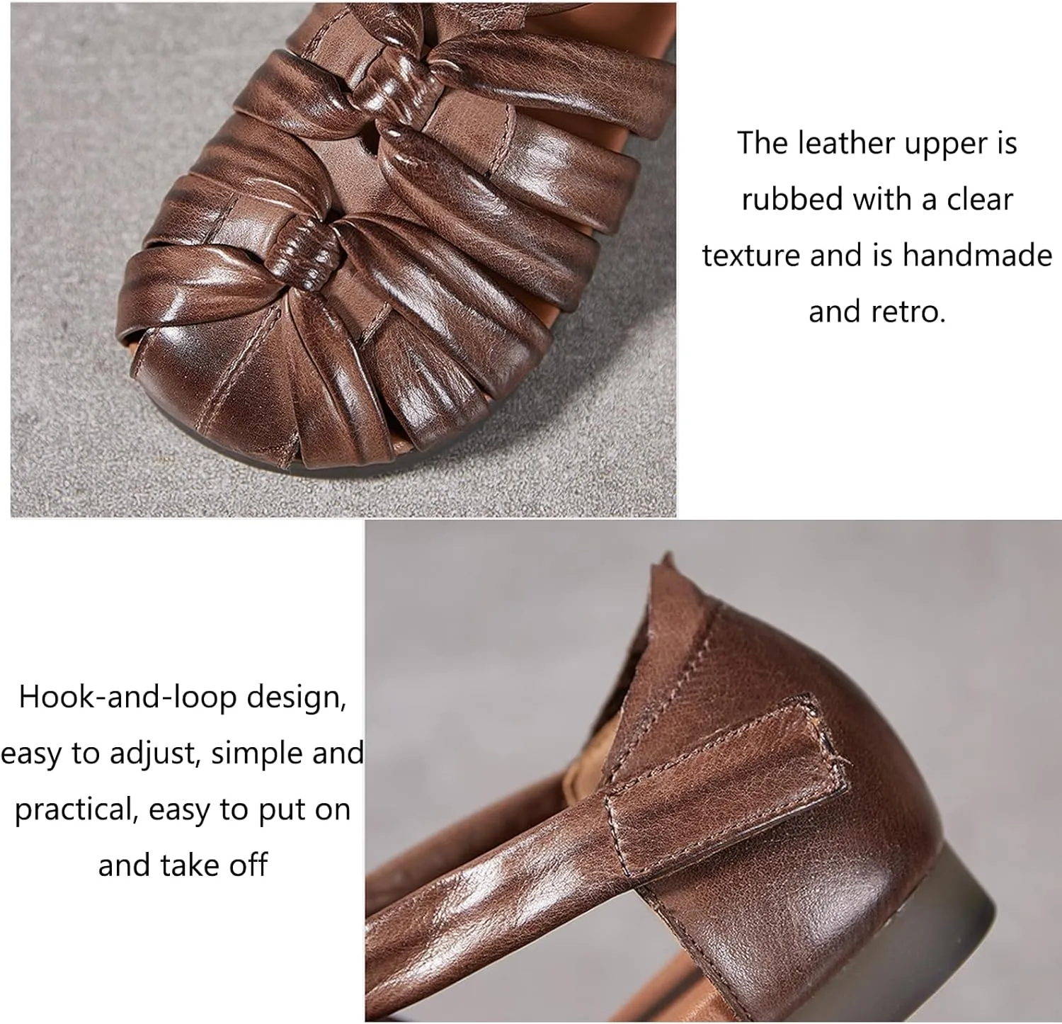Women's Leather Braided Flat Fisherman Sandals with Hook and Loop Vintage Soft Bottom Non-slip Comfortable Baotou Cage Hollow Loafers Casual Gladiator Walking sandals