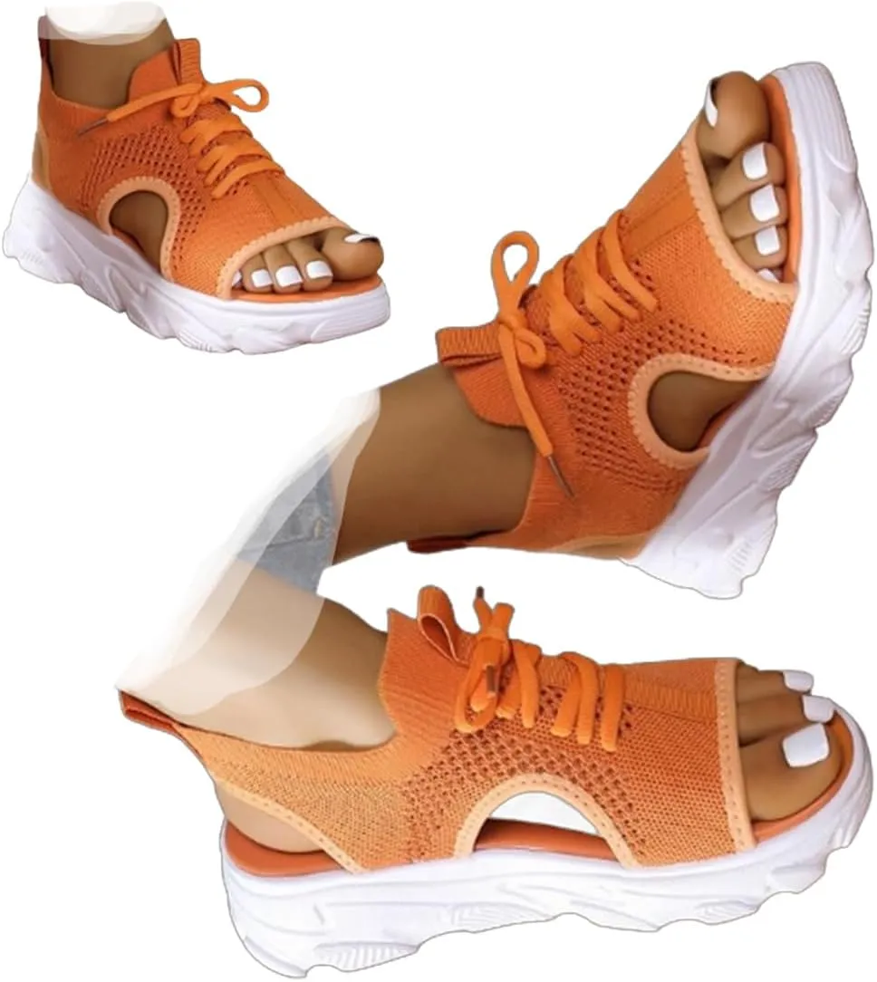 Women's Open Toe Tennis Shoes – Orthopedic Wedge Sandals with Arch Support, Breathable Mesh Lace-Up Sneaker Sandals, Thick Soled Walking Shoes for Summer, Casual Beach & Outdoor Wear