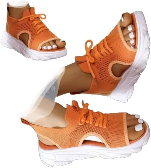 Women's Open Toe Tennis Shoes – Orthopedic Wedge Sandals with Arch Support, Breathable Mesh Lace-Up Sneaker Sandals, Thick Soled Walking Shoes for Summer, Casual Beach & Outdoor Wear