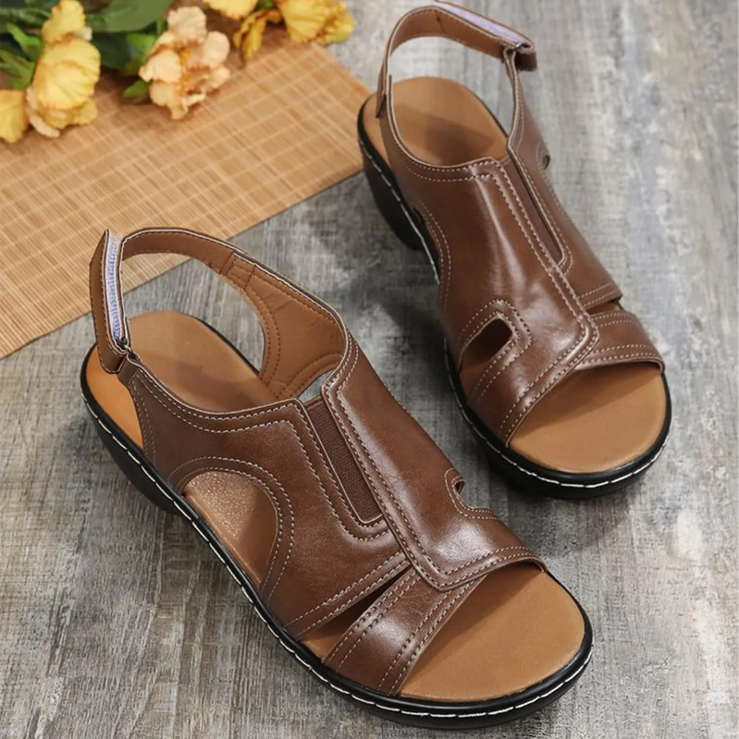 Women's Open Toe Wedge Orthotic Sadanar Sandals,Casual Non-Slip Comfy Stitching Hollow Adjusting Walking Shoes with Arch Support