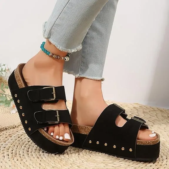 Women's Platform Sandals,Double Buckle Adjustable Open Toe Sandals Cork Footbed Heeled Slides Comfort Suede Clogs Summer Flatform Slippers ﻿