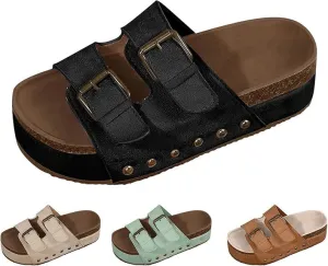 Women's Platform Sandals,Double Buckle Adjustable Open Toe Sandals Cork Footbed Heeled Slides Comfort Suede Clogs Summer Flatform Slippers ﻿
