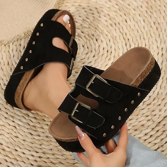 Women's Platform Sandals,Double Buckle Adjustable Open Toe Sandals Cork Footbed Heeled Slides Comfort Suede Clogs Summer Flatform Slippers ﻿