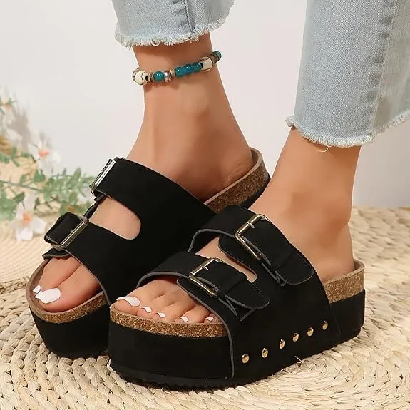 Women's Platform Sandals,Double Buckle Adjustable Open Toe Sandals Cork Footbed Heeled Slides Comfort Suede Clogs Summer Flatform Slippers ﻿