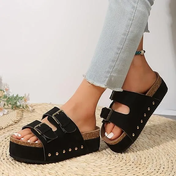 Women's Platform Sandals,Double Buckle Adjustable Open Toe Sandals Cork Footbed Heeled Slides Comfort Suede Clogs Summer Flatform Slippers ﻿