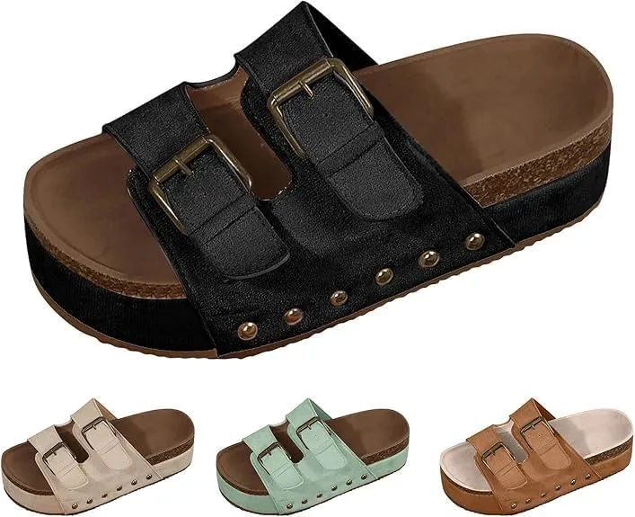 Women's Platform Sandals,Double Buckle Adjustable Open Toe Sandals Cork Footbed Heeled Slides Comfort Suede Clogs Summer Flatform Slippers ﻿