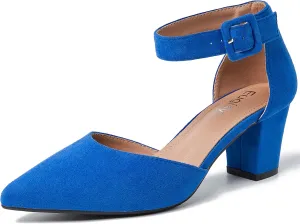 Women's Pointed Toe Pumps Low Block Chunky Heels Closed Toe Ankle Strap Buckle D'Orsay Dress Wedding Business Shoes