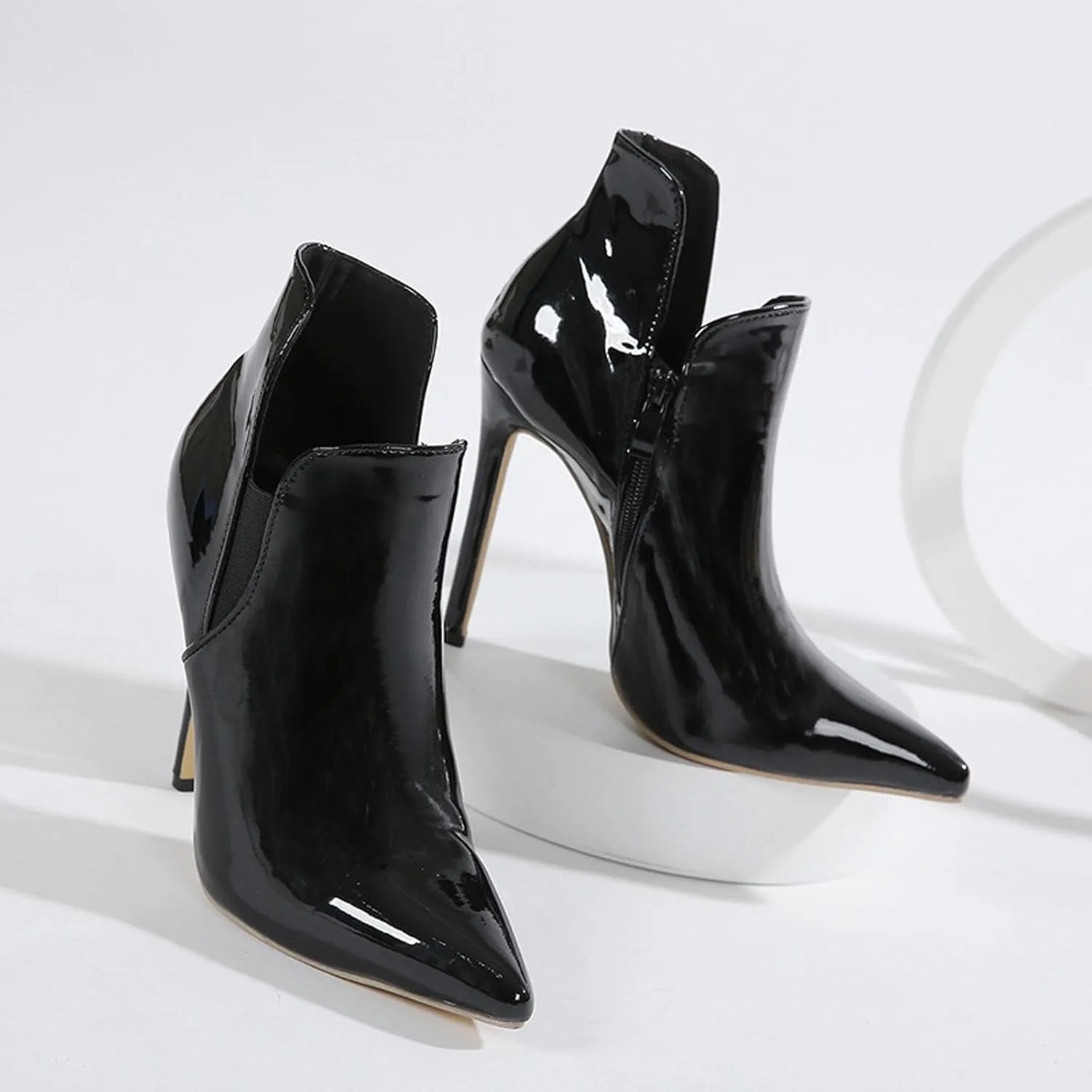 Women's Sexy Pointed Toe Stiletto Heels Ankle Boots With Elastic Panels Comfy High Heel Side Zip V Cut Fashion Stylish Booties Slip On Wedding Evening Party Dress Shoes 4.72IN
