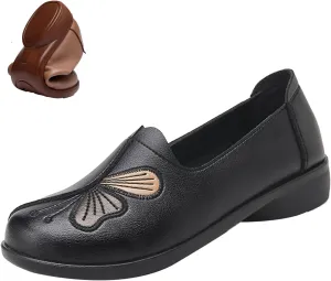Women's Slip on Comfort Casual Leather Shoes,Vintage Cute Bow Embroidery Non-Slip Softsole Dress Walking Loafers