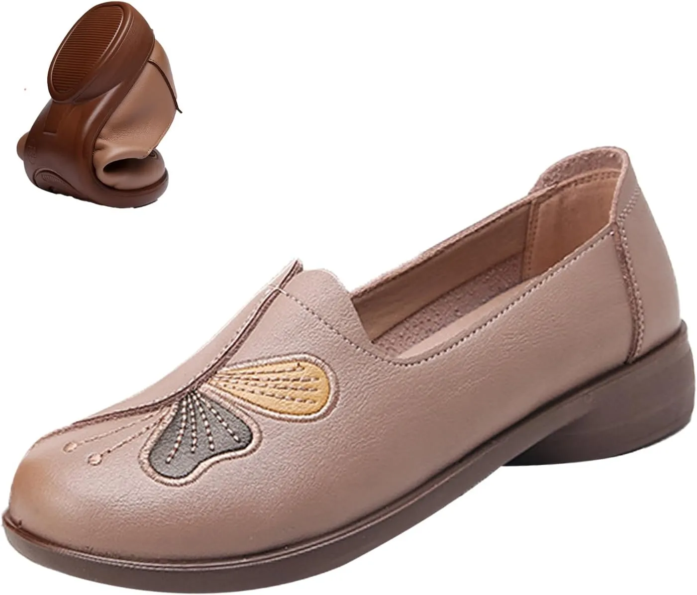 Women's Slip on Comfort Casual Leather Shoes,Vintage Cute Bow Embroidery Non-Slip Softsole Dress Walking Loafers