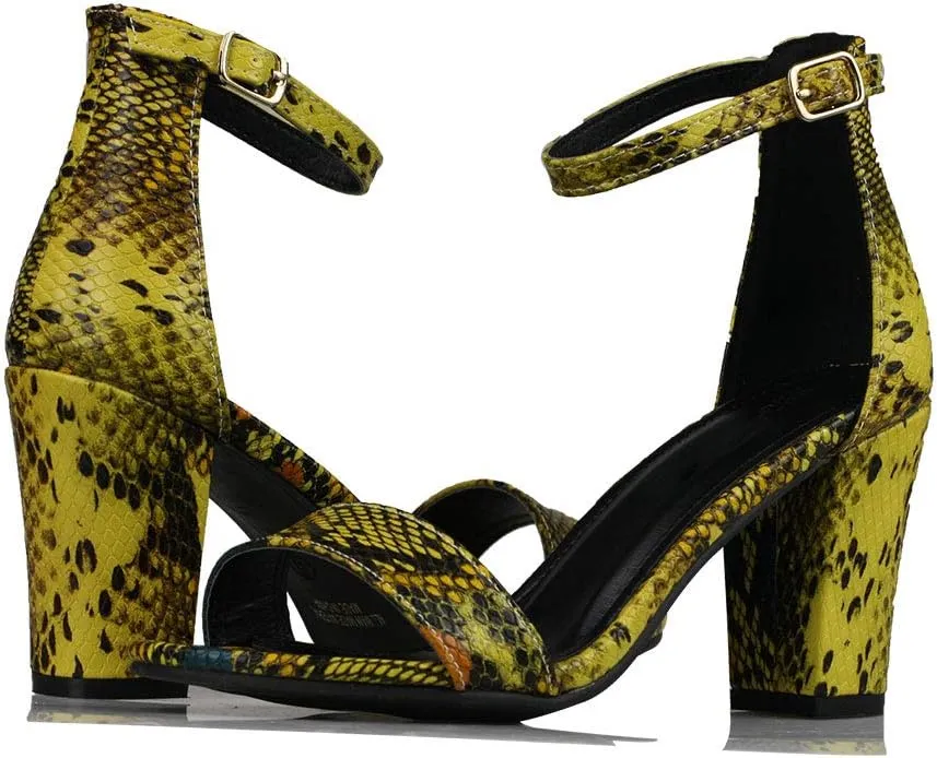 Women's Snake Skin Sandals Single Band Ankle Strap Chunky Block Heeled Fashion Summer Shoes