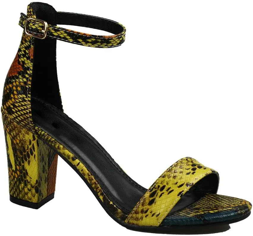 Women's Snake Skin Sandals Single Band Ankle Strap Chunky Block Heeled Fashion Summer Shoes