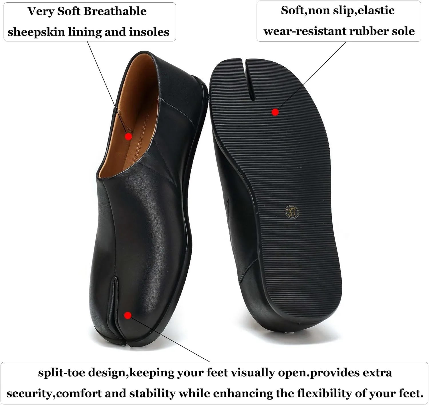 Women's Tabi Leather Loafers Shoes, Split-Toe Slip-On Casual Comfort All-Day Non-Slip Walking Moccasins