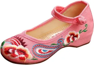 YIBLBOX Girls Chinese Traditional Flower Embroidered Oxfords Shoes Dancing Ballet Canvas Loafers Mary Jane