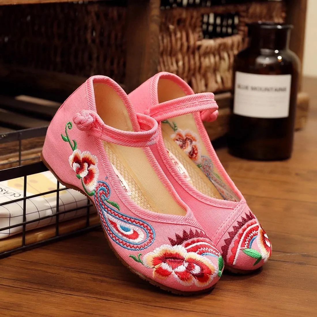 YIBLBOX Girls Chinese Traditional Flower Embroidered Oxfords Shoes Dancing Ballet Canvas Loafers Mary Jane