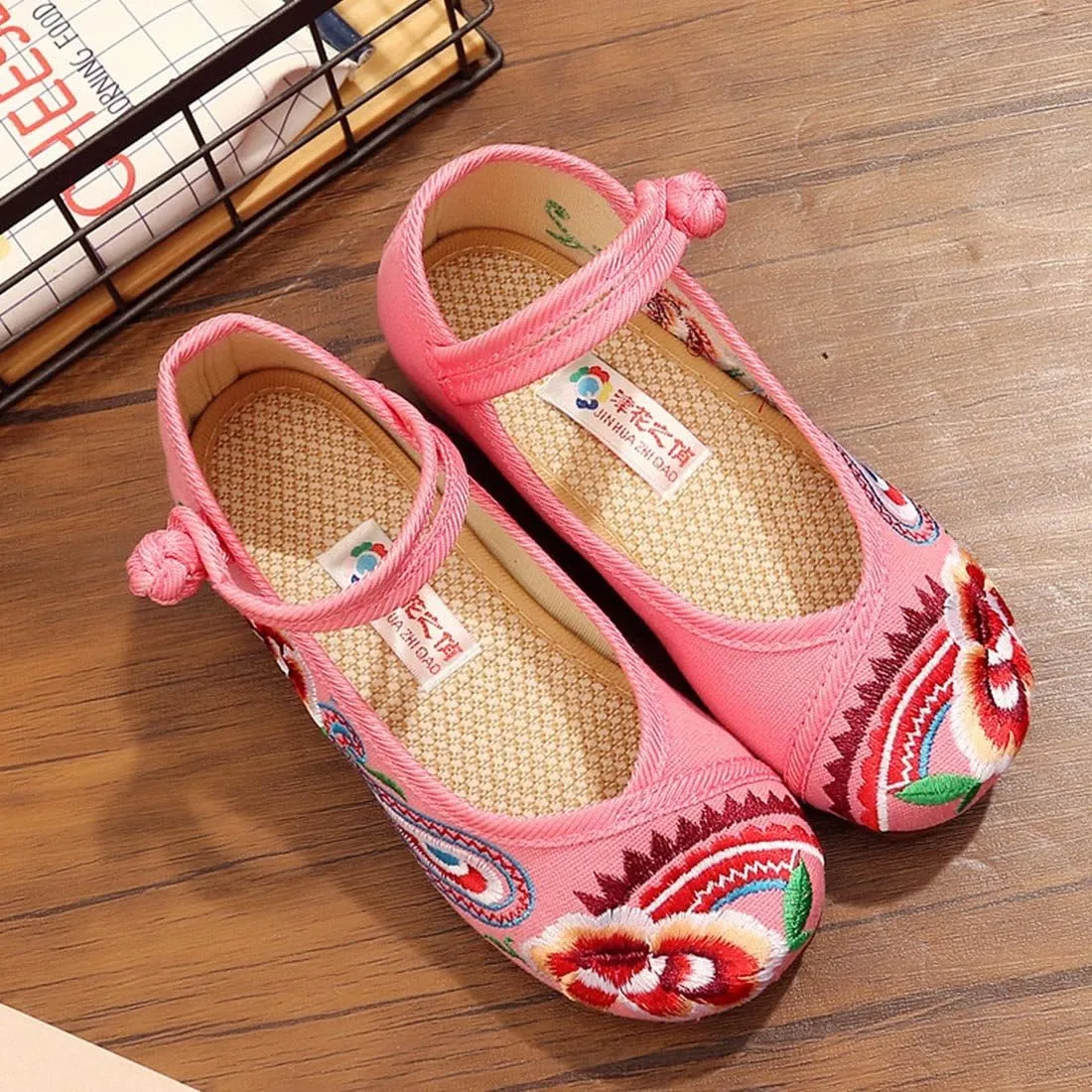 YIBLBOX Girls Chinese Traditional Flower Embroidered Oxfords Shoes Dancing Ballet Canvas Loafers Mary Jane
